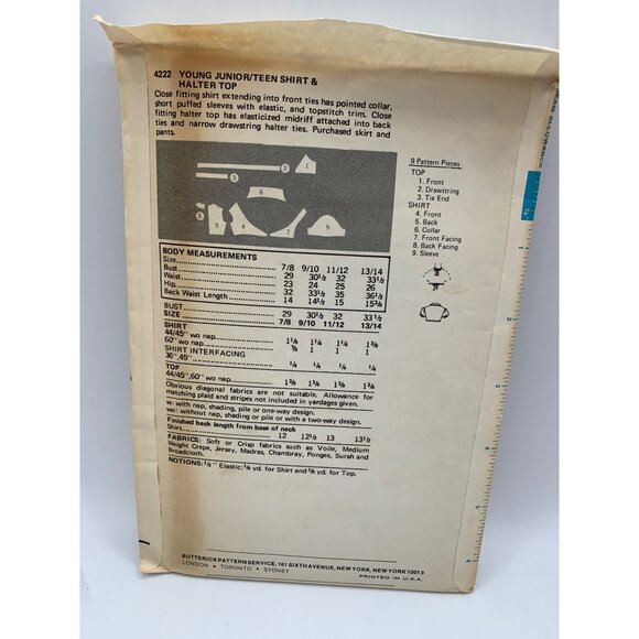 Butterick Girls Junior Halter Top Sewing Pattern sz 9/10 4222 - uncut - Picture 2 of 2